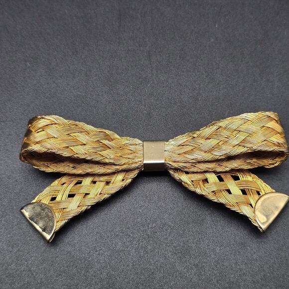 Vintage Gold Tone Bow Brooch Woven Braided Wires Costume Jewelry - Picture 4 of 7